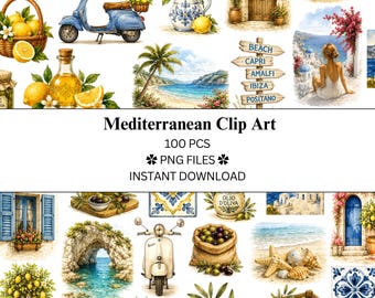 May include: A digital collection of Mediterranean-themed clip art featuring illustrations of lemons, a blue scooter, coastal landscapes, a wooden signpost with beach names, olive oil, a sack of olives, starfish, and blue and white patterned tiles.