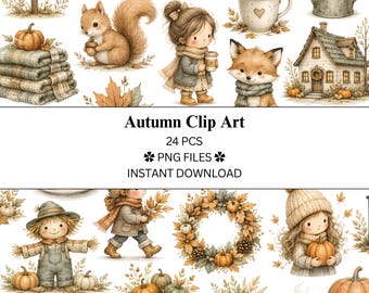 Paquete de 24 imágenes prediseñadas de otoño acogedor 2.0 / Acuarela / Archivos PNG / PNG transparente / Uso comercial