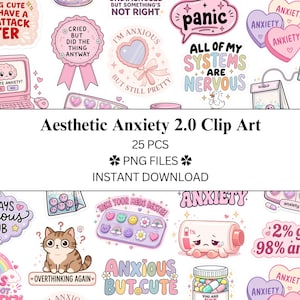 Puede incluir: Una colección de veinticinco pegatinas digitales con ilustraciones en tonos pastel y texto relacionado con la ansiedad. Los diseños incluyen un ordenador, corazones, un gato, pastilleros y frases como Always Anxious Club y 2% girl 98% anxiety.