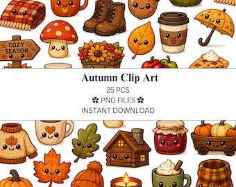Paquete de 25 imágenes prediseñadas de otoño 1.0 / Kawaii Lindo / Archivos PNG / PNG transparente / Uso comercial