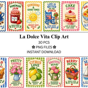 Puede incluir: Una colección de etiquetas rectangulares de clip art con ilustraciones coloridas y texto que incluye Coffee First, Homemade Jam, Sunshine, Life is Better, Cake Lover, Bon Appetit, Bread, Pretty Things, Citrus Love, Grateful Heart, Berry Picking y Seaside Retreat.