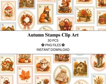 Paquete de 30 imágenes prediseñadas de sellos postales de otoño / Acuarela otoñal / Archivos PNG / PNG transparente / Uso comercial