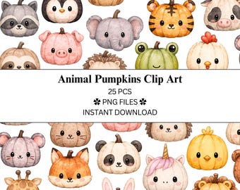 Paquete de 25 imágenes prediseñadas de calabazas con animales / Halloween Otoño / Archivos PNG / PNG transparente / Uso comercial