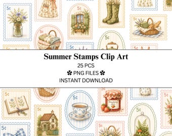 Paquete de 25 imágenes prediseñadas de sellos postales con temática de casas de verano / Archivos PNG / PNG transparente / Uso comercial