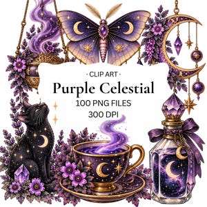 May include: A digital illustration featuring a black cat, a teacup with purple steam, a moth, a crescent moon, and a potion bottle, all decorated with stars and purple flowers. The text reads: CLIP ART, Purple Celestial, 100 PNG FILES, 300 DPI.