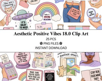 Paquete de 25 imágenes prediseñadas con estética y vibraciones positivas (18.0 / Archivos PNG / PNG transparente / Uso comercial / Positividad)