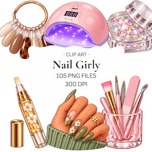 May include: Digital illustration of nail art supplies including a pink UV lamp, a ring of nail color swatches, a container of iridescent rhinestones, a floral cuticle oil pen, and a glass cup filled with pink nail brushes and files.