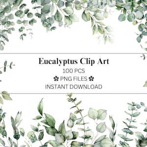 May include: Watercolour clipart featuring 100 eucalyptus leaves in various shades of green. The leaves are arranged in a border around the text "Eucalyptus Clip Art", "100 PCS", "* PNG FILES *", and "INSTANT DOWNLOAD".
