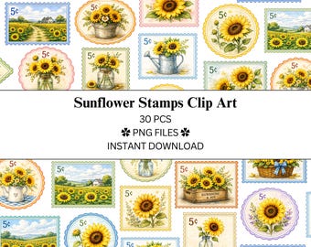 Paquete de 30 imágenes prediseñadas de sellos postales de girasoles / Archivos PNG / PNG transparente / Uso comercial
