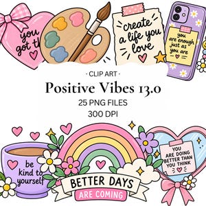 Op de afbeelding: Een verzameling digitale illustraties met een roze hart met strik, een houten verfpalet, een notitie met create a life you love, een telefoonhoesje met madeliefjes, een paarse mok met be kind to yourself, een regenboog en een hartvormige spiegel.