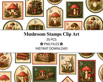 Paquete de 25 imágenes prediseñadas de sellos postales con forma de seta 1.0 / Archivos PNG / PNG transparente / Uso comercial