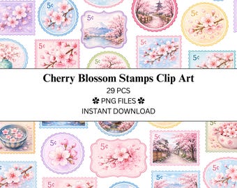 Paquete de 29 imágenes prediseñadas de sellos postales con flores de cerezo / Archivos PNG / PNG transparente / Uso comercial