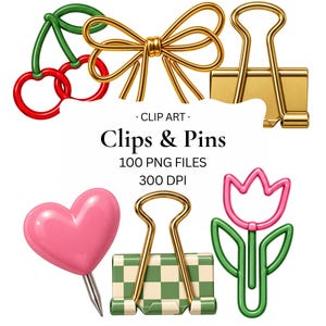 Peut inclure: Une collection numérique d'icônes de papeterie comprenant un clip cerise rouge, un nœud en fil doré, une pince à dessin dorée, une punaise cœur rose, une pince à dessin à carreaux verts et blancs et un clip tulipe rose et vert avec le texte Clips & Pins.