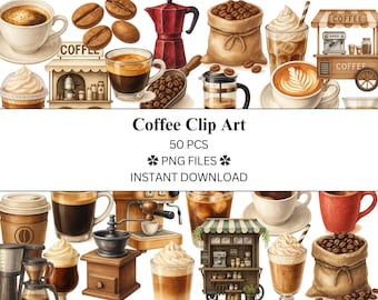 Könnte beinhalten: Ein digitales Clipart-Set mit 50 Illustrationen zum Thema Kaffee. Das Set enthält Bilder von Kaffeebohnen, Kaffeetassen, Kaffeemaschinen, Cafés und anderen kaffeebezogenen Gegenständen. Die Illustrationen sind im Aquarellstil gehalten und eignen sich perfekt für die Verwendung in digitalen Projekten.
