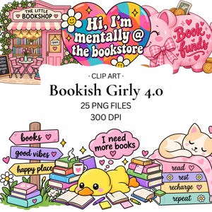 Può includere: Una collezione di clip art digitale intitolata Bookish Girly 4.0 con 25 file PNG a 300 DPI. Le grafiche includono una libreria rosa, un cartello a forma di cuore con testo, un salvadanaio, un cartello stradale, un'anatra e un gatto che dorme.