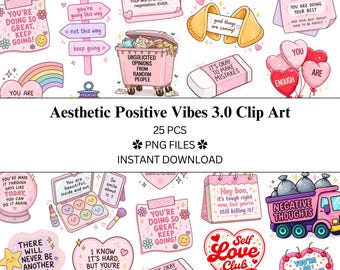 25 pcs Aesthetic Positive Vibes Clip Art Bundle 3.0 | PNG Files | Transparent PNG | Commercial Use | Positivity