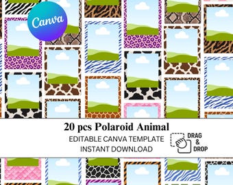 20 pcs Animal Print Polaroid Photo Canva Template | Drag & Drop Design