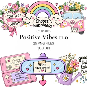 May include: A digital illustration set featuring a pink van with flowers, a rainbow with clouds, a heart with the text YOU ARE DOING GREAT, a pink handheld game console, a rearview mirror with the text TRUST YOUR TIMING, and a watering can.