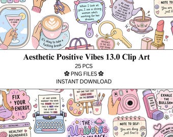 Paquete de 25 imágenes prediseñadas con estética y vibraciones positivas (13.0 / Archivos PNG / PNG transparente / Uso comercial / Positividad)
