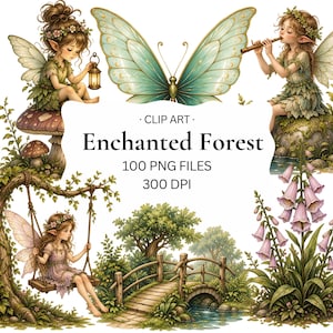 May include: Digital clip art set titled Enchanted Forest featuring 100 PNG files at 300 DPI. The collection includes illustrations of fairies with wings, a large butterfly, a wooden bridge over a stream, and pink foxglove flowers.