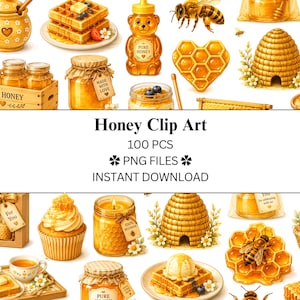 May include: A collection of honey-themed digital illustrations featuring jars of honey, beehives, honeycomb, bees, waffles, cupcakes, and wooden dippers. The text reads Honey Clip Art, 100 PCS, PNG FILES, INSTANT DOWNLOAD. These graphics are in yellow and gold.