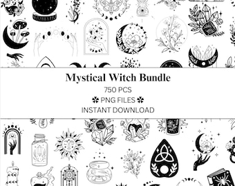 May include: A digital collection titled Mystical Witch Bundle containing 750 PNG files for instant download. The image features a variety of black and white line art illustrations including moons, crystals, hands, flowers, and celestial motifs.