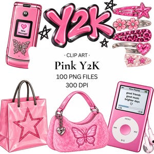 May include: A collection of pink Y2K themed digital clip art including a flip phone with a butterfly, hair clips, a star-patterned shopping bag, a fuzzy butterfly handbag, and a digital music player with text reading good friends good music.