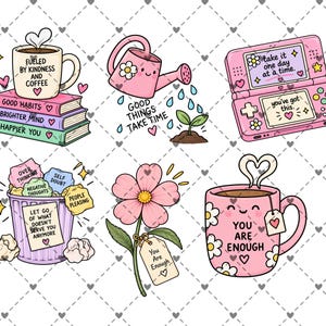 May include: A collection of six illustrated stickers featuring a coffee mug on books, a pink watering can with a plant, a pink handheld gaming console, a trash can filled with paper scraps, a pink flower with a tag, and a pink mug with daisies.