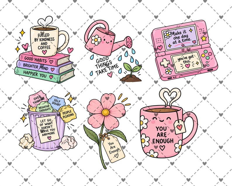 May include: A collection of six illustrated stickers featuring a coffee mug on books, a pink watering can with a plant, a pink handheld gaming console, a trash can filled with paper scraps, a pink flower with a tag, and a pink mug with daisies.