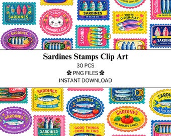 Paquete de 30 imágenes prediseñadas de sellos postales de sardinas 2.0 / Archivos PNG / PNG transparente / Uso comercial