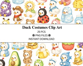 Puede incluir: Una colección digital de 25 archivos clip art PNG con patos de dibujos animados en varios disfraces, incluyendo uvas, un girasol, una mariquita, un traje de marinero, una sudadera de nubes, un cartón de leche, una abeja, un plátano, un aguacate y un traje de tiburón.