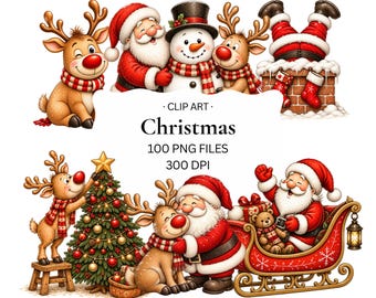 May include: A digital collection of Christmas clip art featuring Santa Claus, reindeer, a snowman, a decorated tree, and a sleigh. The text reads: CLIP ART, Christmas, 100 PNG FILES, 300 DPI. The illustrations include festive characters in red and white.
