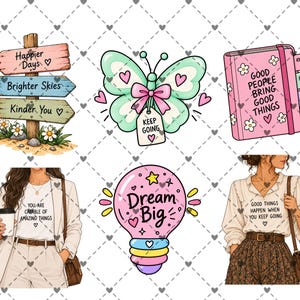 May include: A collection of six illustrations featuring a wooden signpost with text, a mint green butterfly with a tag, a pink planner with tabs, a person in a blazer with text, a pink lightbulb with text, and a person in a blouse with text.