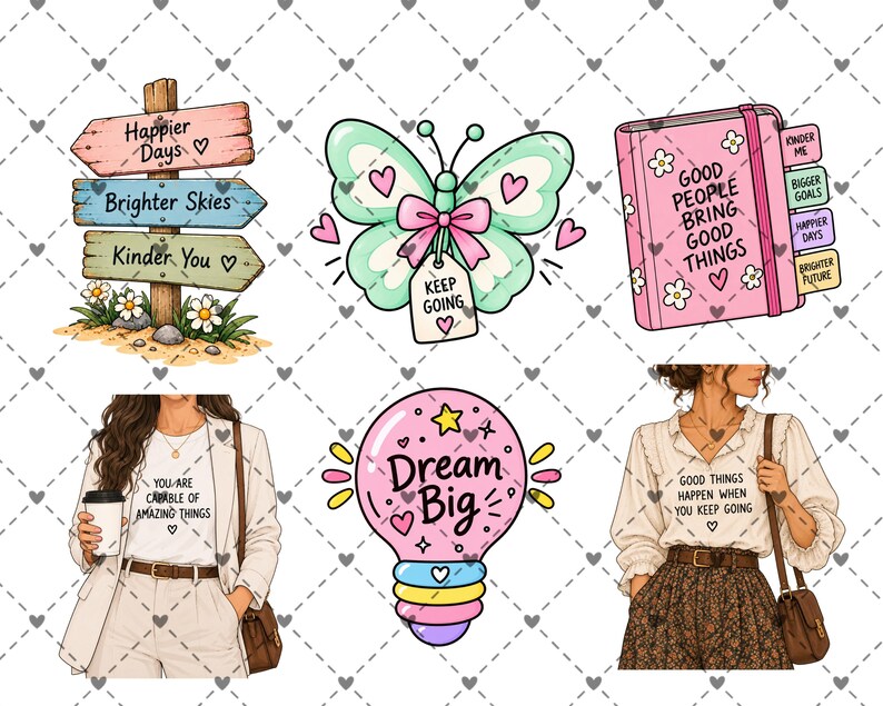 May include: A collection of six illustrations featuring a wooden signpost with text, a mint green butterfly with a tag, a pink planner with tabs, a person in a blazer with text, a pink lightbulb with text, and a person in a blouse with text.