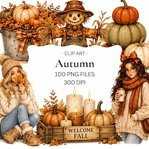 Peut inclure: Collection d'images numériques sur le thème de l'automne avec un épouvantail, des citrouilles, des bougies et deux personnages en pulls tricotés. Le texte indique : CLIP ART, Autumn, 100 PNG FILES, 300 DPI, WELCOME FALL. Illustrations saisonnières.