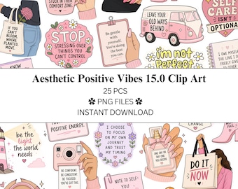 Paquete de 25 imágenes prediseñadas con estética y vibraciones positivas (15.0 / Archivos PNG / PNG transparente / Uso comercial / Positividad)