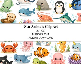 Paquete de 28 imágenes prediseñadas de animales marinos / Archivos PNG / PNG transparente / Uso comercial