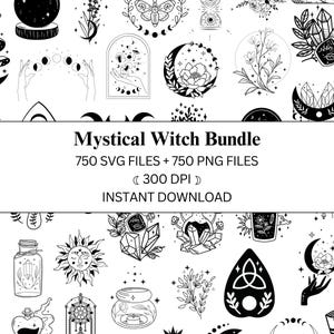 Mystical Witch Bundle | SVG Files | PNG Files | Clipart | Transparent PNG | Digital Flowers | Black White | Moon Star Sun | Flowers