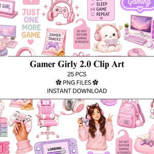 Peut inclure: Une collection d'images numériques sur le thème du jeu vidéo en rose, comprenant des casques, des manettes, une chaise de jeu, un ordinateur, un sac à dos et des personnages illustrés avec le texte Gamer Girl, Just One More Game et Eat Sleep Game Repeat.