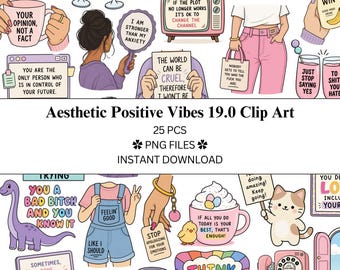 Paquete de 25 imágenes prediseñadas con estética y vibraciones positivas (19.0 / Archivos PNG / PNG transparente / Uso comercial / Positividad)