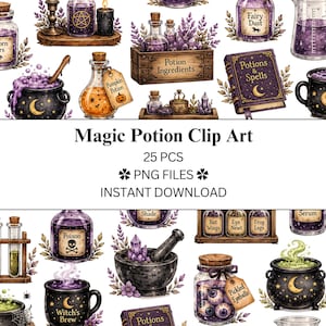 May include: A collection of digital clip art featuring magic potion bottles, cauldrons, spell books, and ingredients. The illustrations include labels like Unicorn Tears, Potion Ingredients, Potions & Spells, Poison, and Pickled Eyeballs in purple and black.