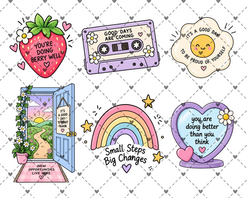 May include: A collection of six colorful stickers featuring a strawberry with the text 'YOU'RE DOING BERRY WELL', a purple cassette tape with 'GOOD DAYS ARE COMING', a fried egg with 'IT'S A GOOD DAY TO BE PROUD OF YOURSELF', a door with 'IT'S A GOOD DAY TO START AGAIN' and 'NEW OPPORTUNITIES LIVE HERE', a rainbow with 'Small Steps Big Changes', and a heart-shaped mirror with 'you are doing better than you think'.
