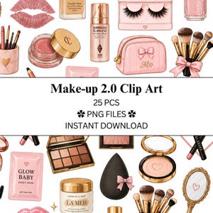 Könnte beinhalten: Eine digitale Sammlung von 25 Make-up-Illustrationen mit Kosmetikartikeln wie Pinseln, Puderdosen, Lipgloss, Fixierspray und Spiegeln in Rosa, Gold und Schwarz, beschriftet mit Make-up 2.0 Clip Art 25 PCS PNG FILES INSTANT DOWNLOAD.