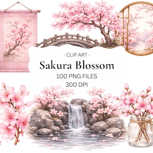Puede incluir: Una colección de imágenes digitales de flores de cerezo que incluye un pergamino, un puente, una ventana circular, una cascada con rocas y un frasco de vidrio con flores. El texto dice: CLIP ART Sakura Blossom 100 PNG FILES 300 DPI.