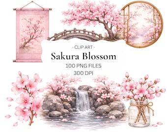 May include: A digital clip art collection featuring Sakura blossoms, including a hanging scroll, a bridge, a circular window view, a waterfall with rocks, and a glass jar with flowers. Text reads: CLIP ART Sakura Blossom 100 PNG FILES 300 DPI.
