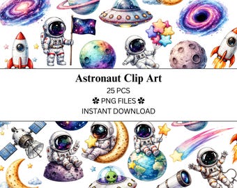 Paquete de 25 imágenes prediseñadas de astronautas 1.0 / Acuarela / Archivos PNG / PNG transparente / Uso comercial