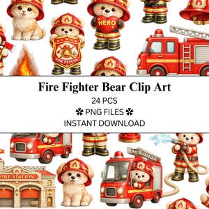 Pode incluir: Clip art digital com imagens temáticas de bombeiros. Inclui ursinhos de pelúcia, gatinhos e filhotes vestidos de bombeiros, caminhões de bombeiros, um quartel de bombeiros e elementos relacionados ao fogo. O texto "Fire Fighter Bear Clip Art" e "Instant Download" também são visíveis.