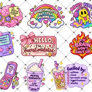 May include: A collection of colorful stickers featuring various designs including a brain with star glasses, a rainbow with text, a melting smiley face, a handheld game console, a name tag, flames, a flip phone, and beverage cups with text.