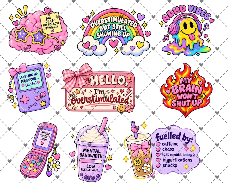 May include: A collection of colorful stickers featuring various designs including a brain with star glasses, a rainbow with text, a melting smiley face, a handheld game console, a name tag, flames, a flip phone, and beverage cups with text.