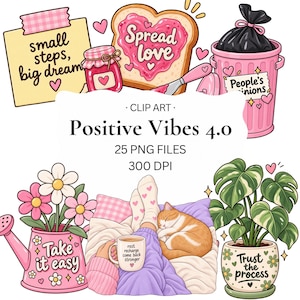 Puede incluir: Una colección de imágenes digitales titulada Positive Vibes 4.0 con 25 archivos PNG. Las ilustraciones incluyen una nota adhesiva con texto, tostadas con crema rosa, un cubo de basura con el texto People's opinions, una regadera y un gato.